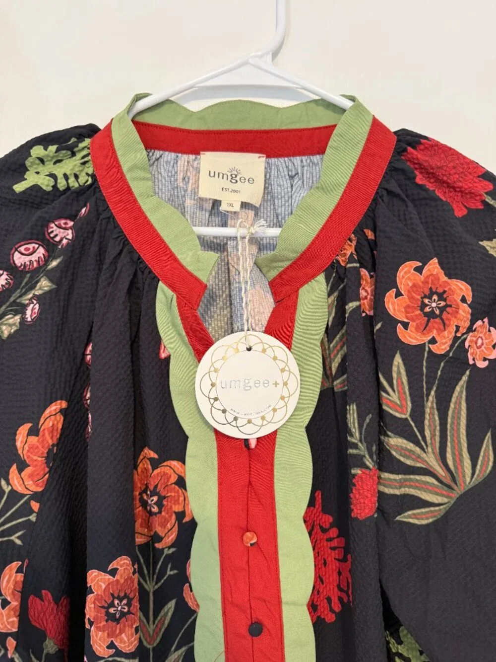 Umgee Black Floral Blouse with Red and Green Trim - Picture 2 of 2